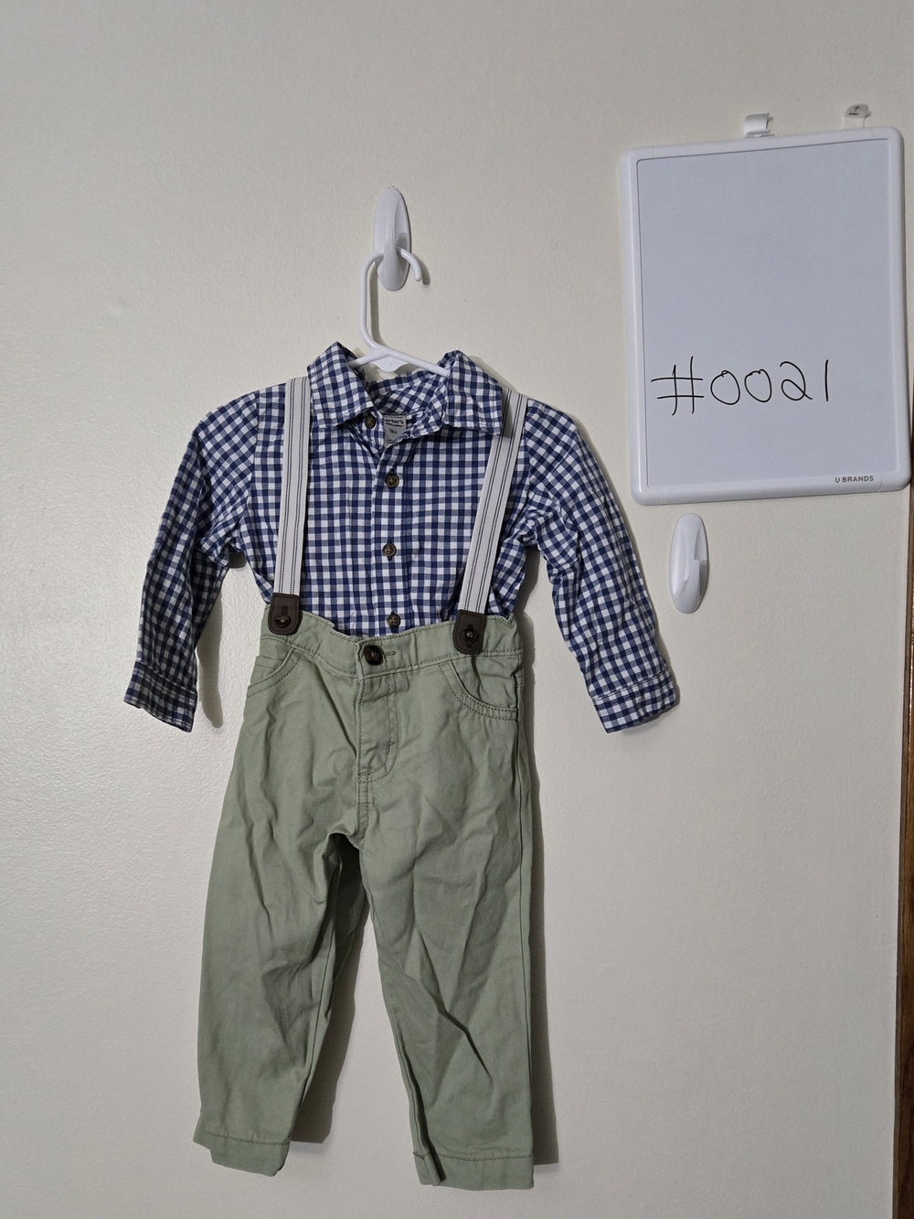 Carter's 18M Blue Gingham Shirt with Green Pants & With Suspenders #0021